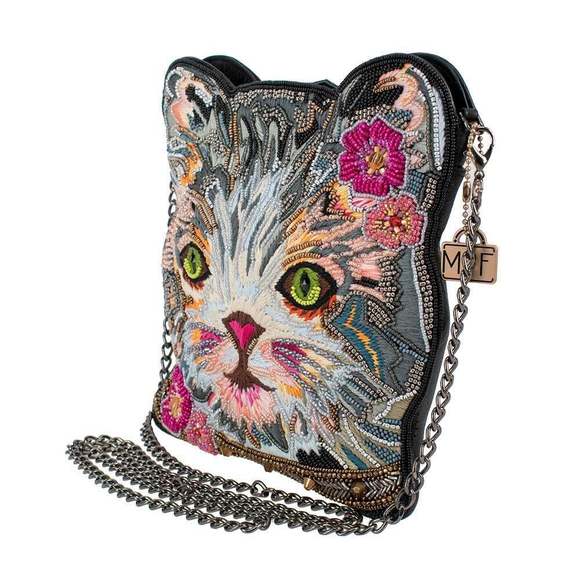 Mary Frances Cattitude Cat Zip Bag Animal Leather Beaded Handbag Purse Gray NEW - Picture 3 of 7